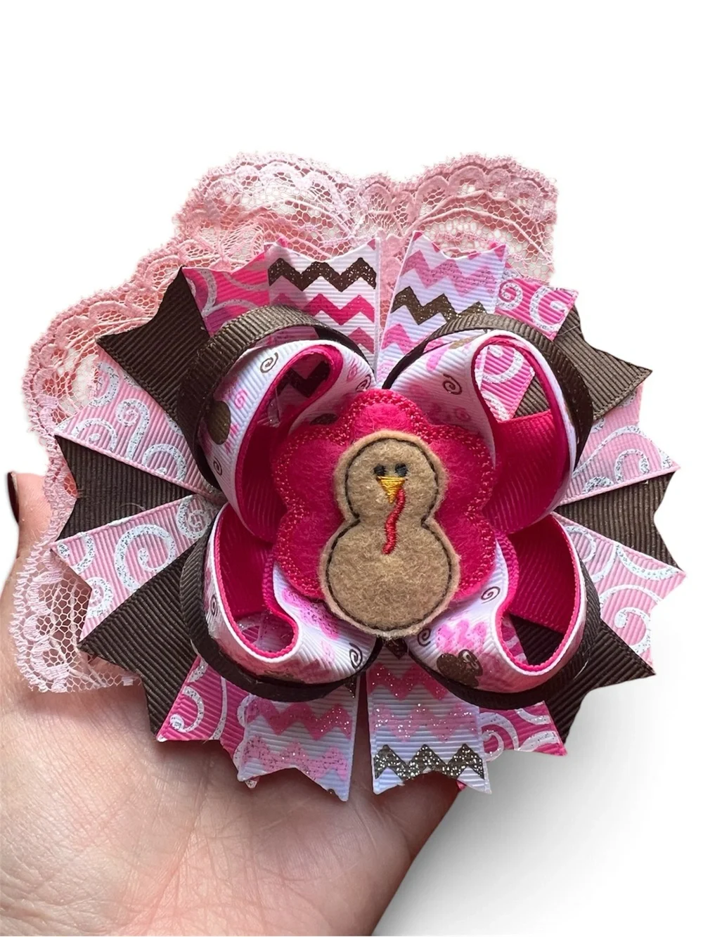 Handmade Pink & Brown Turkey Bow Hair Clip for Girls